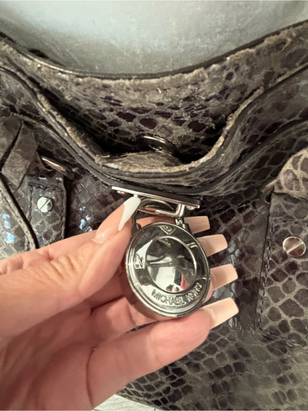 Authentic Michael Kors Gray Snakeskin-Embossed Satchel with Silver Hardware